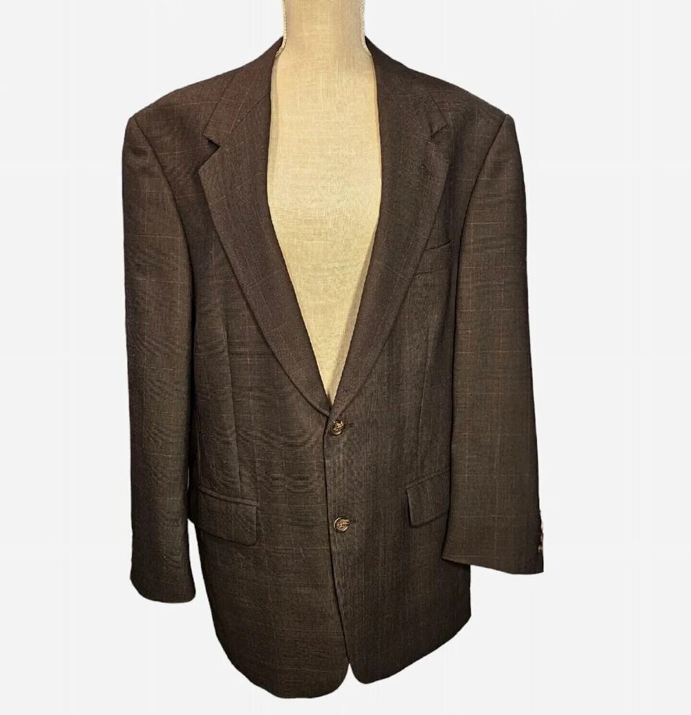 Evan Picone Jacket Windowpane Brown Worsted Wool Mens 44L Sports Coat